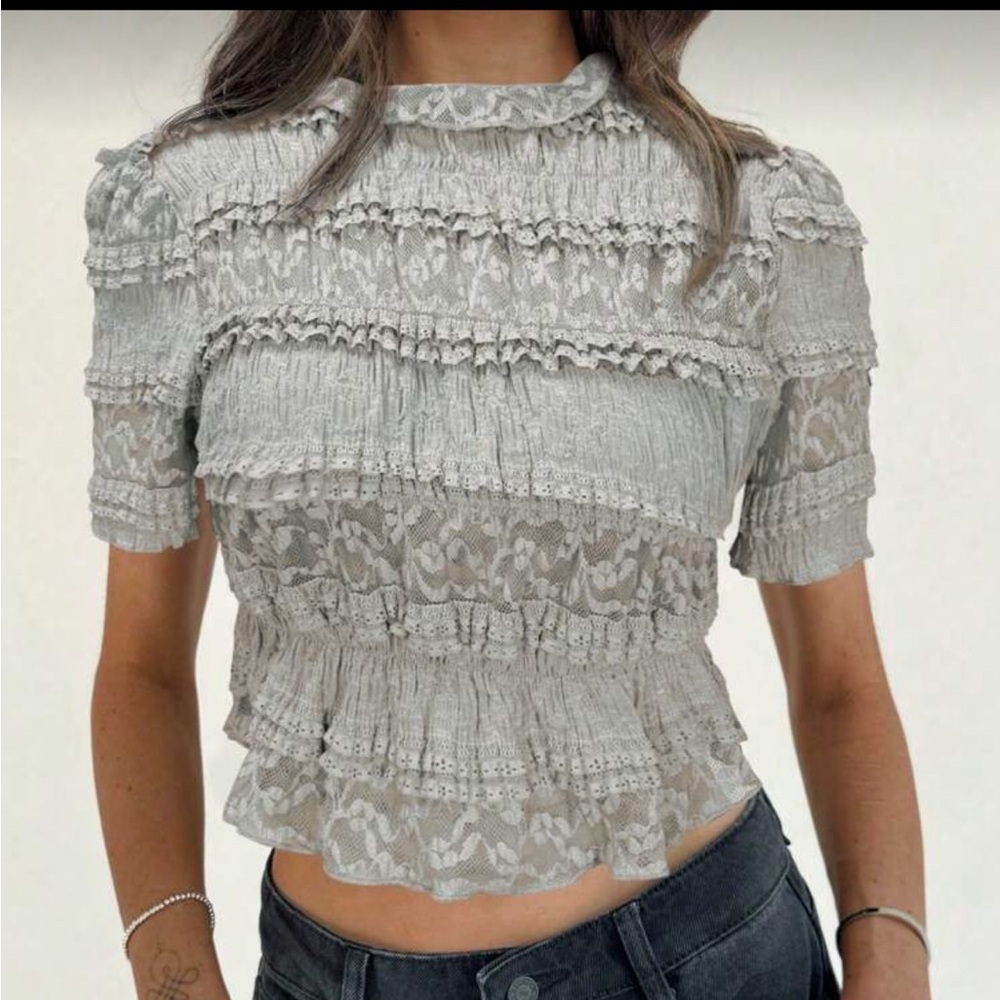 Lace Ruffle Trim Top - gray
